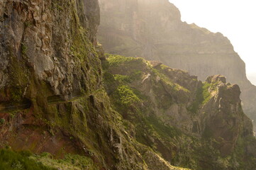 The misty and dramatic mountain landscape on Madeira Island in Portugal