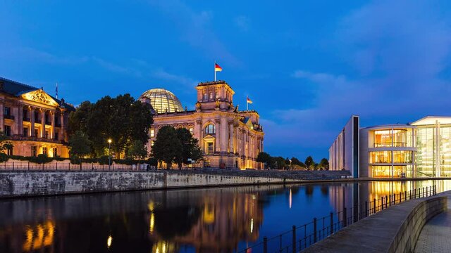 Night to Day Hyper Lapse of Reichstag Building with Spree River, Berlin, Germany