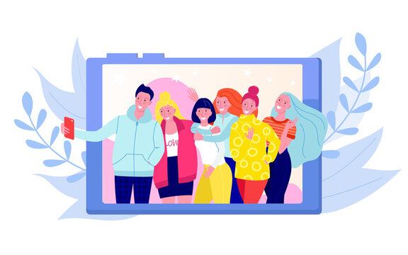 Friends making photo, selfie foto shot of group of young happy people vector illustration. Girls and boys posing taking photos with mobile smart phone device or camera. Party photography.