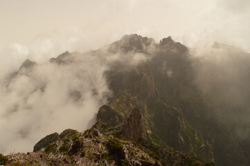 The misty and dramatic mountain landscape on Madeira Island in Portugal