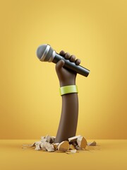 Fototapeta na wymiar 3d render, cartoon character dark skin tone hand holds microphone. Rock concert clip art isolated on yellow background