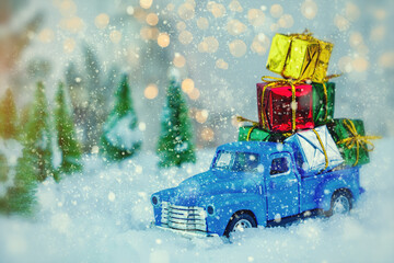 Christmas presents on blue truck riding through a snowy forest