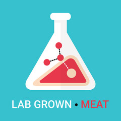 Lab grown meat icon concept. Artificial, synthetic meat is cultured and cultivated in chemistry lab glassware. Modern nourishment and alimentation based on science. Vector logotype element isolated