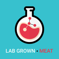 Lab grown meat icon concept. Artificial, synthetic meat is cultured and cultivated in chemistry lab glassware. Modern nourishment and alimentation based on science. Vector logotype element isolated