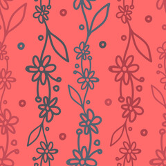 Seamless vector summer pattern of ornamental lined abstract flowers on pink