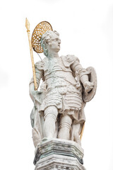 Fototapeta na wymiar Portrait of Roman warrior old sculpture as a saint at the dome roof of Basilica San Marco in Venice, Italy, isolated at white background.