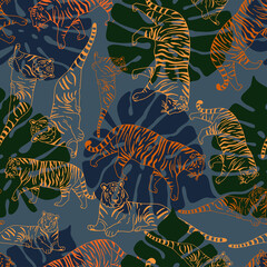Fototapeta na wymiar Seamless vector pattern colourful abstract design of tropical leaves and tigers