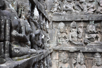 Close up view of the carvings and sculptures at the ancient Khmer temple complex of Angkor Wat
