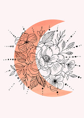 Watercolor young phase of the moon with floral line art. Botanical illustration isolated on orange background. Modern boho card. Mid century terracotta colors artwork. © Iryna