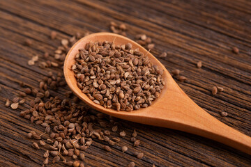 Anise seeds close up. Anise seeds in a wooden spoon on the table.