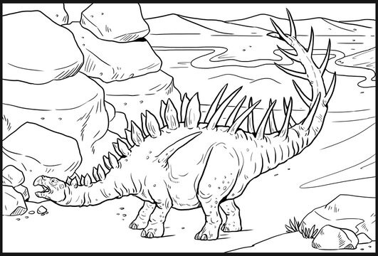 Herbivorous dinosaur - Kentrosaurus. Dino outline drawing. Coloring page.