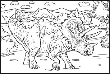 Herbivorous dinosaur - Triceratops. Dino outline drawing.