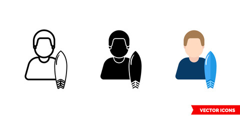 Surfer surfboarder icon of 3 types color, black and white, outline. Isolated vector sign symbol.