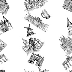 Seamless pattern of hand drawn sketch style German landmarks isolated on white background. Vector illustration.