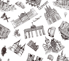 Seamless pattern of hand drawn sketch style Germany related landmarks and different objects isolated on white background. Vector illustration.