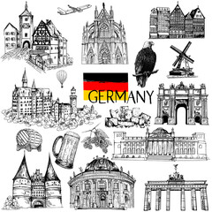 Set of hand drawn sketch style Germany related landmarks and different objects isolated on white background. Vector illustration.