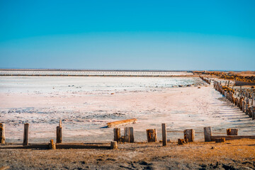 Wooden poles on the salt lake with rose water, Crimea