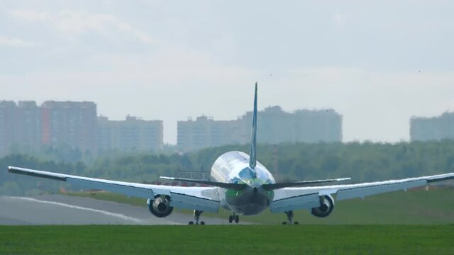 Boeing 767 airliner landing on the runway in Sheremetyevo airport