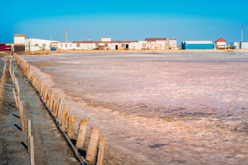 Fototapeta na wymiar Wooden poles on the salt lake with rose water, Crimea