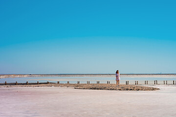 A girl in the distance in a panoramic picture of a pink lake with a high content of salt and algae that give rose water.