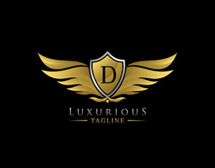 Luxury Wings Logo With D Letter. Elegant Gold Shield badge design for Royalty, Letter Stamp, Boutique,  Hotel, Heraldic, Jewelry, Automotive.