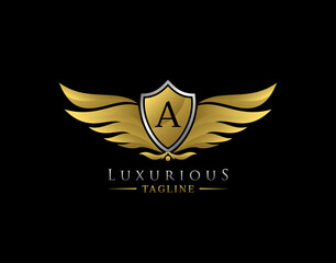 Luxury Wings Logo With A Letter. Elegant Gold Shield badge design for Royalty, Letter Stamp, Boutique,  Hotel, Heraldic, Jewelry, Automotive.