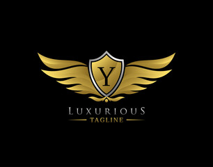 Luxury Wings Logo With Y Letter. Elegant Gold Shield badge design for Royalty, Letter Stamp, Boutique,  Hotel, Heraldic, Jewelry, Automotive.