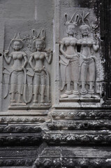 Close up view of the carvings and sculptures at the ancient Khmer temple complex of Angkor Wat