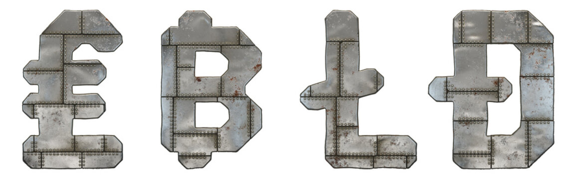 Set of symbols lira, bitcoin, litecoin and dashcoin made of industrial metal on white background 3d