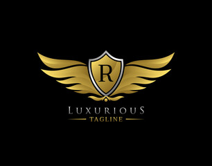Luxury Wings Logo With R Letter. Elegant Gold Shield badge design for Royalty, Letter Stamp, Boutique,  Hotel, Heraldic, Jewelry, Automotive.