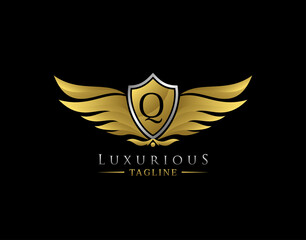 Luxury Wings Logo With Q Letter. Elegant Gold Shield badge design for Royalty, Letter Stamp, Boutique,  Hotel, Heraldic, Jewelry, Automotive.