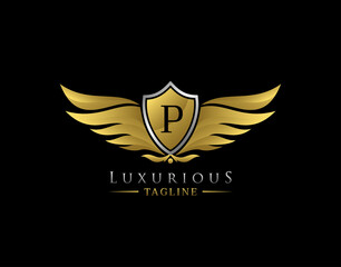 Luxury Wings Logo With P Letter. Elegant Gold Shield badge design for Royalty, Letter Stamp, Boutique,  Hotel, Heraldic, Jewelry, Automotive.