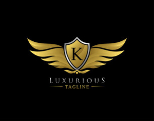 Luxury Wings Logo With K Letter. Elegant Gold Shield badge design for Royalty, Letter Stamp, Boutique,  Hotel, Heraldic, Jewelry, Automotive.