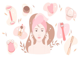 Silhouette of a woman's face with beauty gadgets. Excellent female skin with a facial roller, massager. Chinese medicine recommends. Cosmetic self-care.Advertising a beauty salon.Vector illustration. - obrazy, fototapety, plakaty