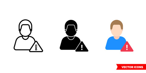 Warning caution icon of 3 types color, black and white, outline. Isolated vector sign symbol.