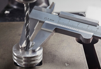 vernier caliper measures metal drill bit, make holes in steel billet on industrial drilling...