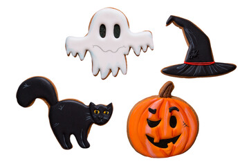 Variety of gingerbread cookies for Halloween isolated on white background. Pumpkin, black cat, ghost, witch hat