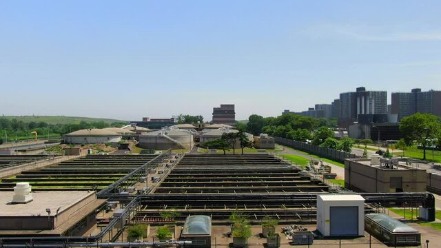 Aerial Flyover View of an Industrial Waste Water Plant in Brooklyn