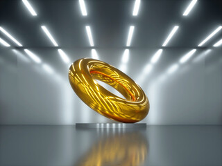 3d render, abstract geometrical shape, shiny metallic torus ring inside dark room with white ceiling light, glossy yellow chrome object, futuristic background