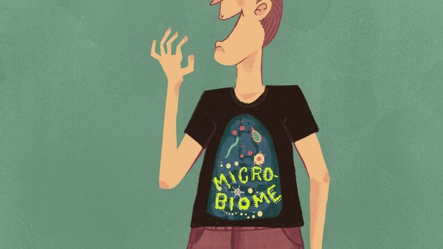 Vintage style color animated illustration of the micro biome in a cartoon man's digestive system - animated digital painting
