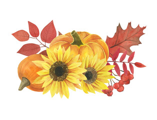 autumn elements, watercolor autumn clipart, pumpkin, sunflower, golden autumn leaves