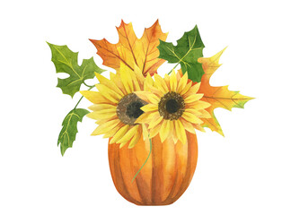 set of autumn elements, watercolor autumn clipart, pumpkin, sunflower, golden autumn leaves