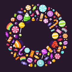 Halloween sweets and candies circle frame. Happy Halloween. Vector illustration in flat style.