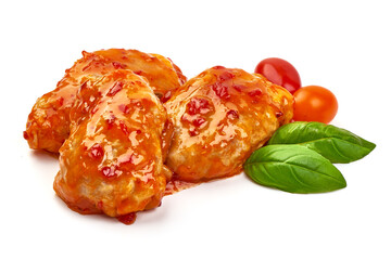 Chicken thigh in chili sauce, isolated on white background