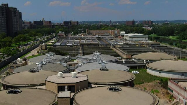 Aerial Flyover View of an Industrial Waste Water Plant in Brooklyn