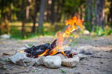 Burning forest at night. Campfire in a tourist camp outdoors in the mountains. Flame and fire sparks on a dark abstract background. We are preparing an outdoor barbecue. Infernal element of fire. 