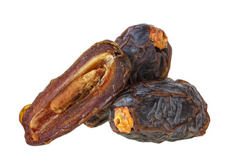 Big dried date fruits isolated on a white background. Three date fruits, whole and half.