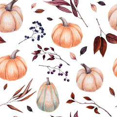 Seamless Pattern of Watercolor Pumpkins and Red Leaves