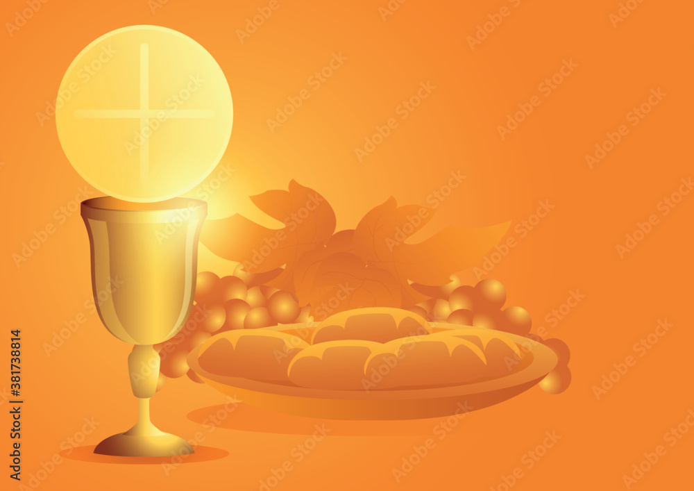 Wall mural eucharist symbol with chalice, bread and grapes