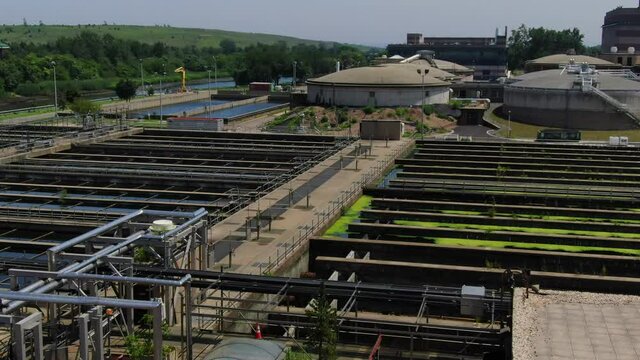 Aerial Flyover Shot of an Industrial Waste Water Plant in Brooklyn